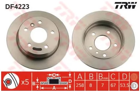 Диск тормозной задний Mercedes A-CLASS, Vaneo TRW DF 4223, D=258 мм