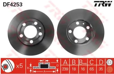 Диск тормозной передний Skoda Fabia, VW Fox, Polo TRW DF 4253, D=239 мм