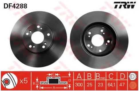 Диск тормозной передний Honda Civic, Integra TRW DF 4288, D=300 мм