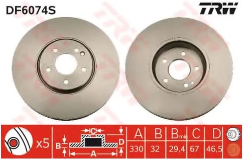Тормозной диск передний Chrysler Crossfire, Mercedes CLK, E-CLASS, SL TRW DF 6074S, D=330 мм