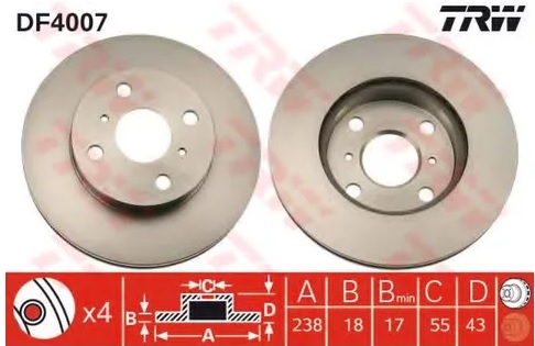 Диск тормозной передний TOYOTA STARLET TRW DF 4007, D=238 мм