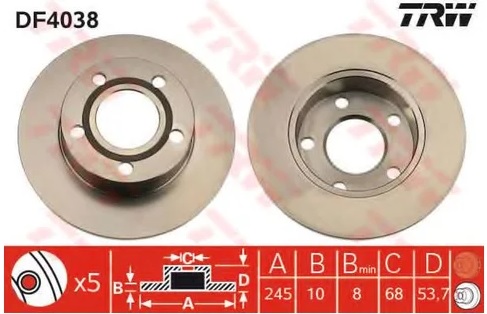 Диск тормозной задний AUDI A6 TRW DF 4038, D=245 мм