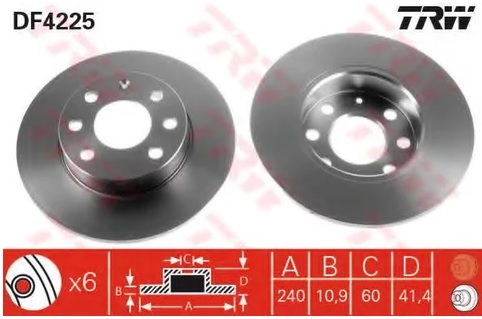 Диск тормозной передний OPEL CORSA TRW DF 4225, D=240 мм