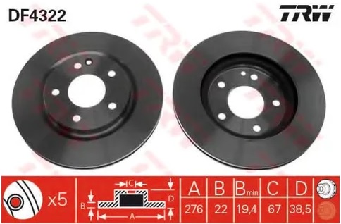 Диск тормозной передний MERCEDES A-CLASS TRW DF 4322, D=276 мм