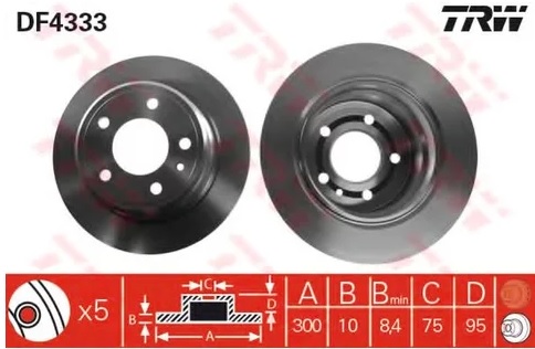 Диск тормозной задний BMW 5 TRW DF4333, D=300 мм