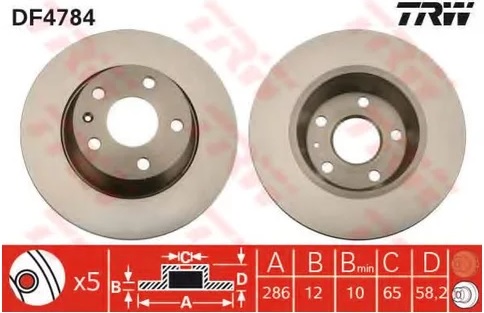 Диск тормозной задний AUDI TT TRW DF 4784, D=286 мм