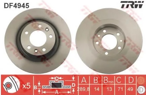 Диск тормозной задний CITROEN JUMPY, FIAT SCUDO, PEUGEOT EXPERT TRW DF 4945, D=290 мм