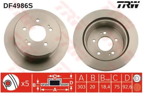 Диск тормозной задний HYUNDAI H-1 TRW DF 4986S, D=303 мм