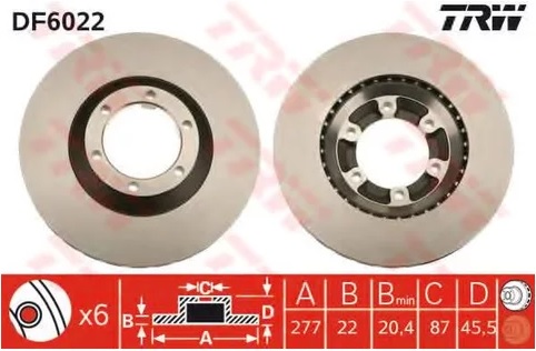 Диск тормозной передний HYUNDAI GALLOPER TRW DF 6022, D=277 мм