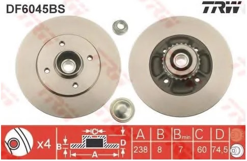 Диск тормозной задний RENAULT CLIO TRW DF 6045BS, D=238 мм