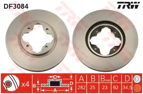 Тормозной диск передний Honda Accord TRW DF 3084, D=282 мм