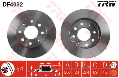 Тормозной диск передний Hyundai Santamo, Kia Joice, Mitsubishi Space Runner, Space Wagon TRW DF 4032, D=256 мм