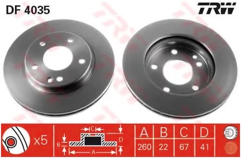 Тормозной диск передний Mercedes A-CLASS TRW DF 4035, D=260 мм