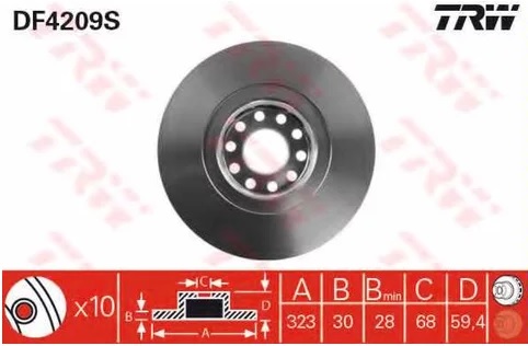 Тормозной диск передний Audi A6, A8, VW Phaeton TRW DF 4209S, D=323 мм