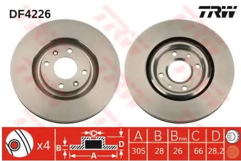Тормозной диск передний Peugeot 406 TRW DF 4226, D=305 мм