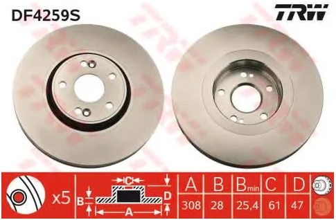 Тормозной диск передний Renault Laguna TRW DF 4259S, D=308 мм