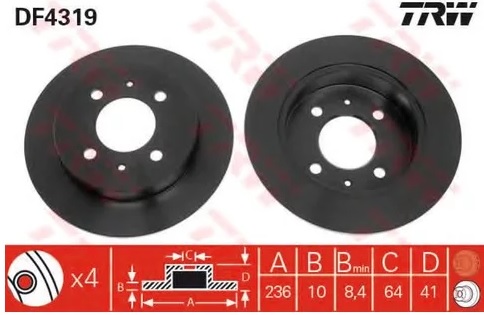 Тормозной диск задний Mitsubishi Carisma, Colt, Lancer, Mirage TRW DF 4319, D=236 мм