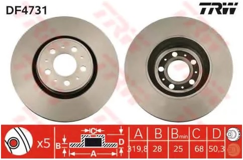 Тормозной диск передний Volvo S60, S80, V70, XC70 TRW DF 4731, D=320 мм