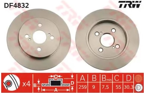 Тормозной диск задний Toyota iQ, Ractis, Yaris TRW DF 4832, D=259 мм