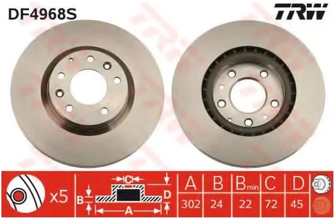 Тормозной диск передний Mazda RX-8 TRW DF 4968S, D=303 мм