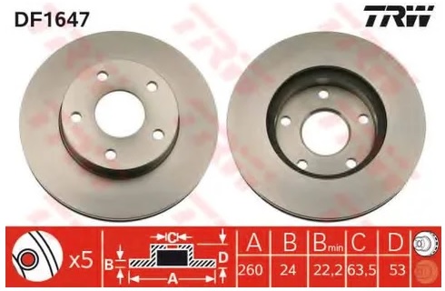 Диск тормозной передний FORD SCORPIO TRW DF 1647, D=260 мм