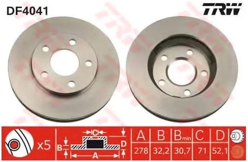 Диск тормозной передний CHEVROLET TRANS SPORT, OPEL SINTRA, PONTIAC TRANS SPORT TRW DF 4041, D=278 мм