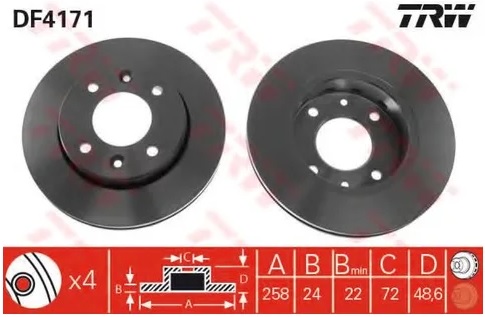 Диск тормозной передний KIA CARENS, CLARUS TRW DF 4171, D=258 мм