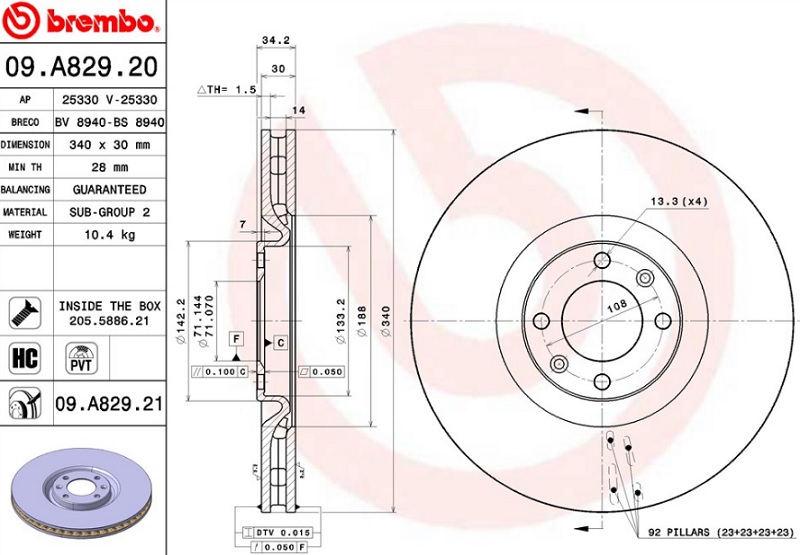 Диск тормозной передний CITROEN DS4, DS5 Brembo 09.A829.21, D=340 мм