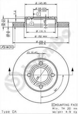 Диск тормозной передний Audi 100, 80, 90 Brembo 09.5033.10, D=256 мм