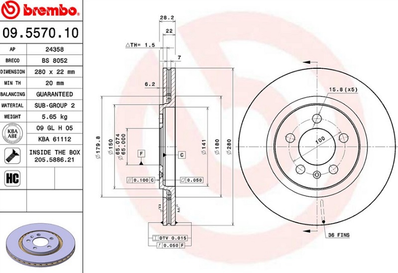 Диск тормозной передний SEAT, VW Brembo 09.5570.10, D=280 мм