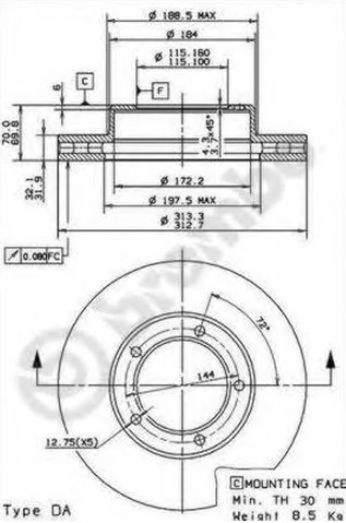 Диск тормозной передний Lexus LX, Toyota Land Cruiser Brembo 09.9143.11U, D=313 мм