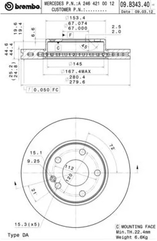 Диск тормозной передний Mercedes A-CLASS, B-CLASS Brembo 09.B343.41, D=280 мм