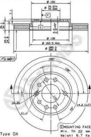 Диск тормозной передний OPEL Vectra Brembo 09.9165.10, D=285 мм