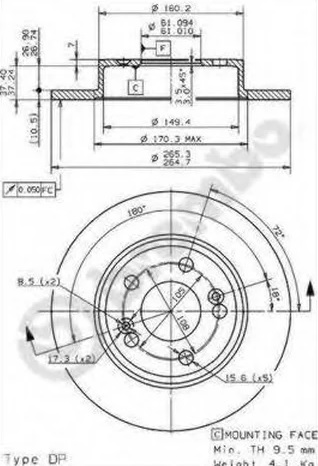 Диск тормозной задний Renault Scenic Brembo 08.5645.40, D=265 мм