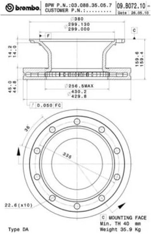 Диск тормозной передний BPW Brembo 09.B072.10, D=430 мм