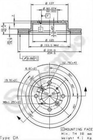 Диск тормозной передний Suzuki Baleno Brembo 09.7279.10, D=235 мм