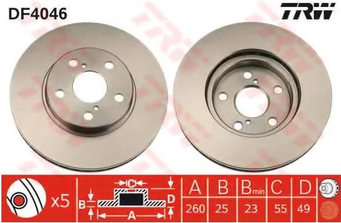 Диск тормозной передний Toyota Avensis, Corona TRW DF 4046, D=260 мм