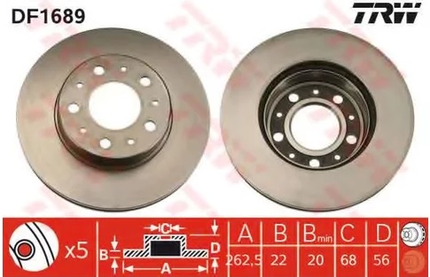 Диск тормозной передний Volvo 740, 760 TRW DF 1689, D=263 мм