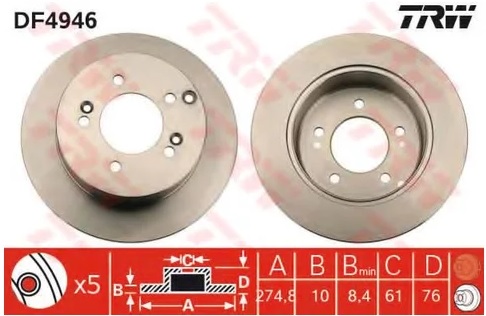 Диск тормозной задний Kia Carens TRW DF 4946, D=275 мм