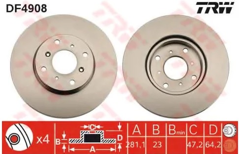 Диск тормозной передний Honda Civic TRW DF 4908, D=282 мм