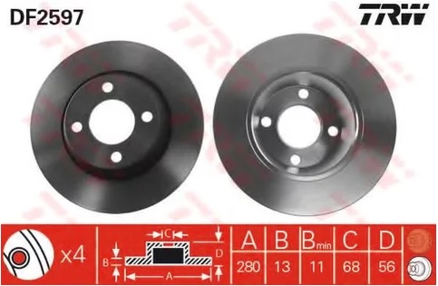 Диск тормозной передний Audi 80, Coupe TRW DF 2597, D=280 мм