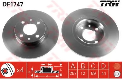 Диск тормозной передний ALFA ROMEO TRW DF 1747, D=257 мм