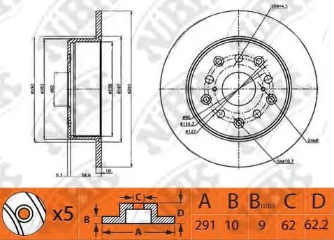 Диск тормозной задний TOYOTA ALTEZZA, BREVIS, PROGRES, VEROSSA NiBK RN1485, D=291 мм