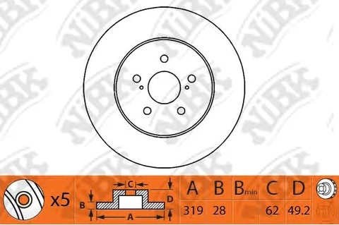 Диск тормозной передний LEXUS RX300 NiBK RN1219, D=319 мм