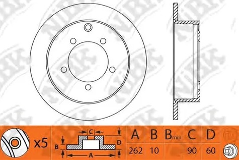Диск тормозной задний MITSUBISHI OUTLANDER NiBK RN1242, D=262 мм