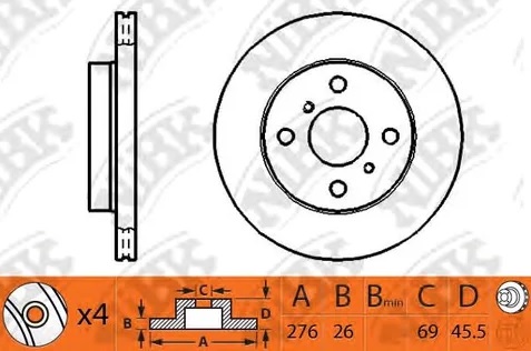 Диск тормозной передний MITSUBISHI GALANT, LANCER NiBK RN1237, D=276 мм