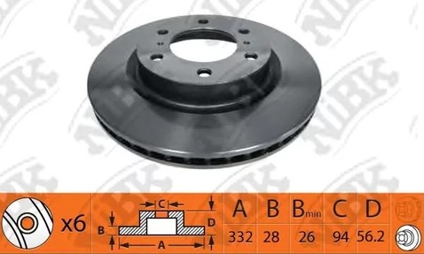 Диск тормозной передний MITSUBISHI PAJERO NiBK RN1400, D=332 мм