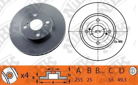 Диск тормозной передний TOYOTA COROLLA NiBK RN1198, D=255 мм