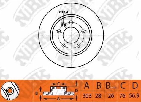 Диск тормозной передний VW Amarok Nibk RN1511, D=303 мм