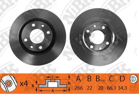 Диск тормозной передний CITROEN C3, C4, C5, BERLINGO, PEUGEOT 206, 307, PARTNER Nibk RN1152, D=266 мм